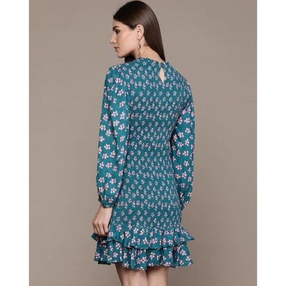 NWT LABEL RITU KUMAR Floral Print Sheath Smocked Dress with Bishop Sleeves Large - Picture 4 of 14